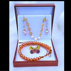 Pink Aurora Crystal Jewelry Set Butterfly Brooch Necklace Earrings